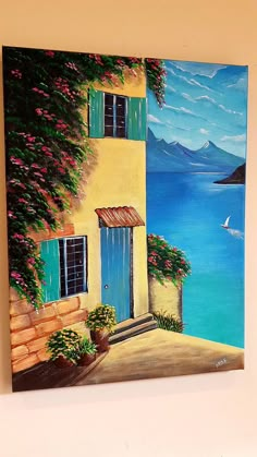 an oil painting of a house by the sea with shutters open and flowers growing on it