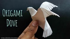 a hand is holding an origami dove in front of a black background with the words origami dove on it