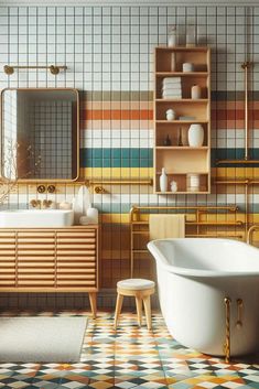 a bathroom with a bathtub, sink and mirror on the wall next to a tiled floor