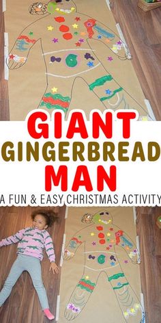 a giant gingerbread man made out of paper on the floor with kids playing around