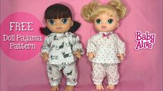 two dolls standing next to each other on a pink background with free doll pajama pattern