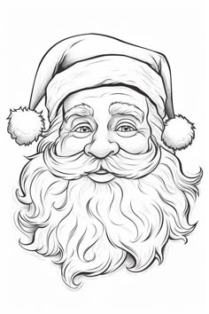 a black and white drawing of santa claus's face with a beard, wearing a santa hat