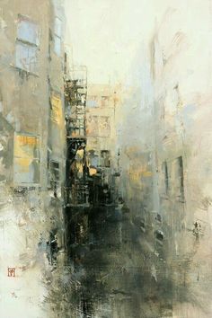 an oil painting of a city street with buildings and signs on the side walk, in grey tones