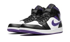 The Air Jordan 1 Mid “Dark Iris” is a colorway of the mid-top version of Michael Jordan’s first signature shoe that unofficially shows love to the Sacramento Kings.  Dressed in the basketball team’s black, white, and purple team uniform colors, the “Dark Iris” is in no way affiliated with the Kings, but brings to mind all of the great Player Exclusive Air Jordan colorways worn by former Kings players and Team Jordan members Mike Bibby and Mitch Richmond.  The shoe features a white perforated lea Mitch Richmond, Mike Bibby, Air Jordan 1 Mid White, Jordan 1 Mid White, Jordan Ones, Nike Air Jordan 1 Mid, Air Jordan Sneakers, Purple Accents, Sacramento Kings