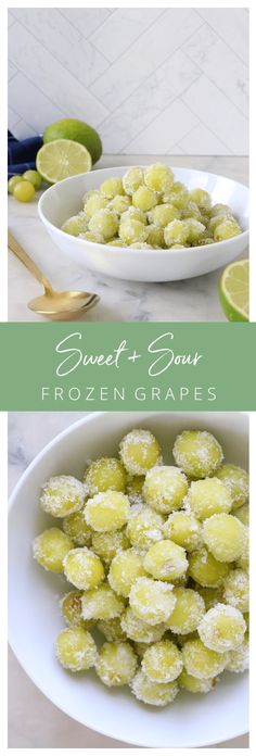 two bowls filled with frozen vegetables next to limes