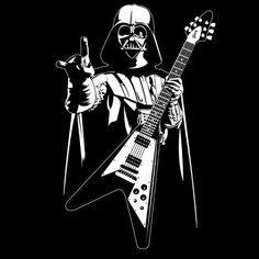 darth vader holding a guitar and pointing to the side with his finger up