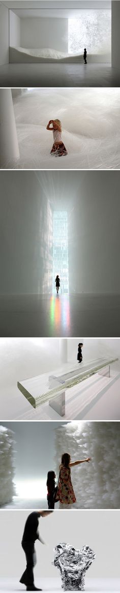 four different views of people in an empty room with light coming from the ceiling and floor