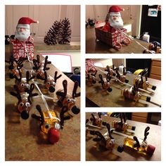 several pictures of santa claus riding a reindeer sleigh with gifts in the back