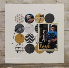 a scrapbook page with an image of a boy and his dog in the background