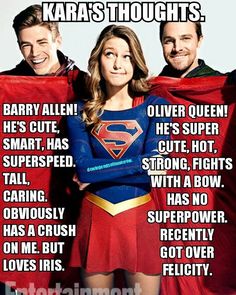 two men and a woman are dressed up as supergirls, with the caption kara's thoughts