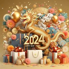 a golden dragon is surrounded by gifts and presents for the new year, with confetti around it