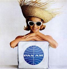 an advertisement for pan am with a woman wearing a straw hat and sunglasses