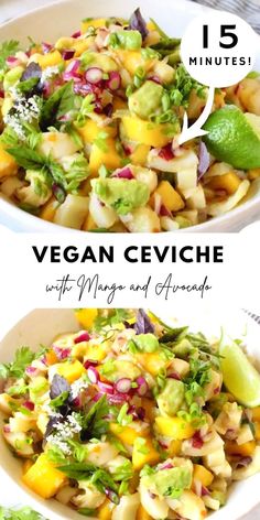 two pictures showing different types of salads with text overlay that reads vegan ceviche with mango and avocado