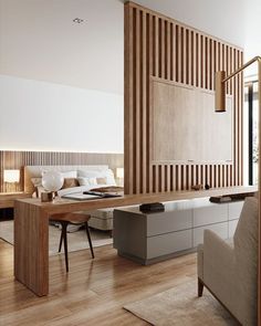 a modern bedroom with wood paneling on the wall and bed in the center area