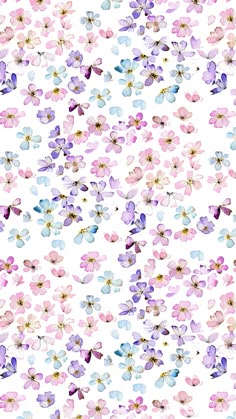 a white background with purple, blue and pink flowers on the bottom half of it