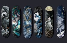 six skateboards with different designs on them