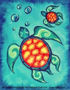 a painting of a turtle swimming in the ocean with bubbles on it's back