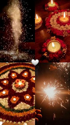 a collage of photos with candles and flowers