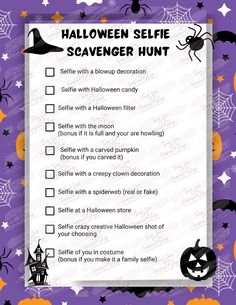 a halloween selfie scavenger hunt with pumpkins and bats on purple background