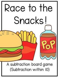 a subtraction board game with an image of a sandwich, soda and pop