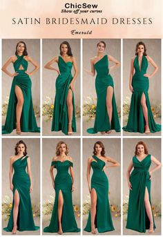 a collage of photos showing the different styles of bridesmaid dresses in green