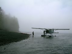 an airplane sitting on top of a body of water next to a shore covered in fog