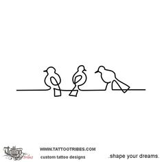 three birds sitting on top of a wire with one bird perched on it's side