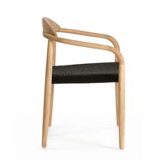 the arm chair is made from wood and has black woven seat padding on it