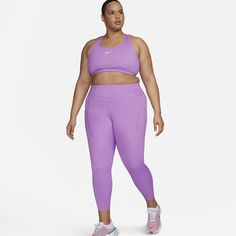 Push yourself forward with the right balance of support and comfort with our Nike Go leggings. Squat-proof—even during your toughest workouts—their sleek, midweight InfinaLock fabric feels compressive and supportive in all the right places. Multiple pockets let you carry everything you could need, whether you're hitting the trail, the gym or the mat. Nike Leggings Plus Size, Nike Yoga Pants For Sports, Nike Go-dry Leggings For Sports, Functional Purple Yoga Pants, Functional Purple Leggings For Training, Nike Moisture-wicking Yoga Pants For Running, Nike Moisture-wicking Sports Leggings, Functional Pink Running Leggings, Functional Purple Leggings For Gym