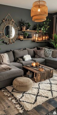 a living room filled with lots of furniture next to a mirror and potted plants