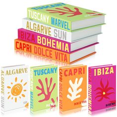 four books stacked on top of each other in front of a white background with an orange, pink, and green cover