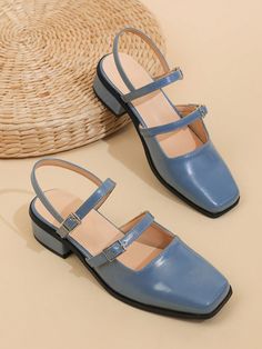 Women's Mary Jane Chunky Heel Shoes With Square Toe, Ankle Strap Buckle Closure, Suitable For Skirts Dusty Blue         Women Shoes, size features are:Bust: ,Length: ,Sleeve Length: Cute Close Toed Shoes, Brown Mary Janes, Shein Shoes, Chunky Heel Shoes, Chic Heels, Womens Mary Janes, Closed Toe Sandals, Womens Chunky Heels, Fancy Shoes