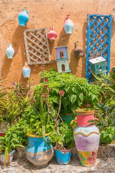 colorful pots and planters on the side of a building