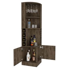 an open cabinet with bottles and glasses on it