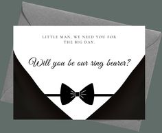 a card with a bow tie on it and the words will you be our ring bearer?