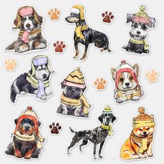 stickers with dogs wearing hats and scarves on them, all in different colors