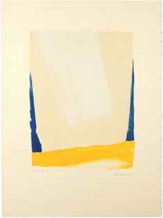 an abstract painting with blue, yellow and white