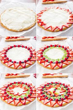 the process of making a fruit pizza with white frosting and strawberries on top