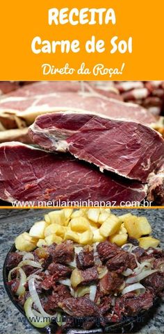 some meats and potatoes on a plate with the words receta carne de soi