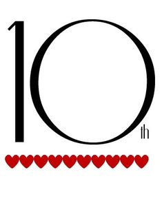 the number ten has hearts on it and is black with red dots in the middle