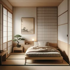 a bed sitting in a bedroom next to a table with a potted plant on it