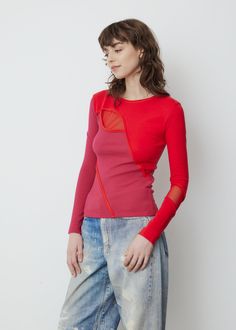 Scandinavian Aesthetic, Exposed Seams, Denim Cotton, Pink Pink, Colour Block, High Neckline, Color Block, Bell Sleeve Top