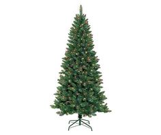 a small christmas tree with lights on it's base and green branches, in front of a white background