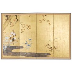 Magnificent Japanese four-panel 19th century Meiji screen. Made in the Rimpa School style depicting a serene floral autumn landscape. Beautifully painted sumi ink and color pigments over gold and silver leaf squares. Delicate flowers of chrysanthemum (kiku), rose (mukuge), morning glory (asaguo), yellow valerian (omingeshi), boneset (fukibakama), and Chinese bellflower (kikyo). There is a meandering pond with an autumn maple tree above. The painting is set in an ebonized frame with a silk brocad Gingko Tree, Japanese Edo Period, Japanese Screen, Screen Painting, Art Japonais, Edo Period, Japanese Painting, Seasonal Flowers, Autumn Landscape