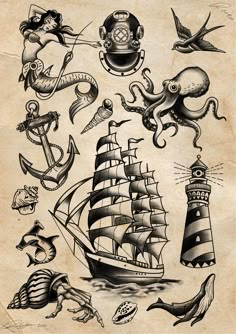 an old school tattoo design with sea animals and ships