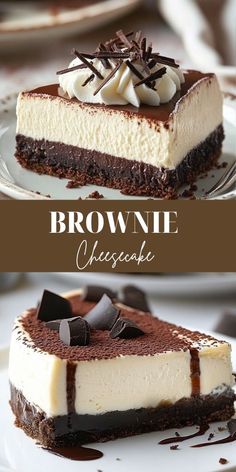 two pieces of brownie cheesecake on plates