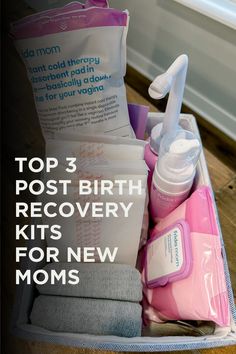 the top three birth recovery kits for new moms are in a suitcase with their baby's bottle