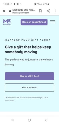 the gift card for massage envy is displayed on an iphone screen with text that reads give a gift that helps keep somebody moving