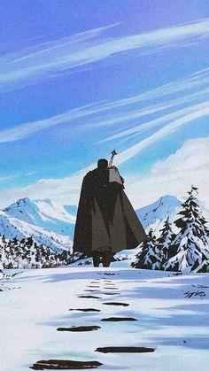 a painting of a man walking in the snow with a cape on his head and mountains in the background