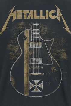 the metallic guitar t - shirt is black with gold trimmings and an old, worn